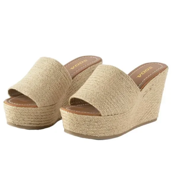 New Women Beige Jute Slip On Platform Wedge Heel Espadrille Sandals - Picture 5 of 6